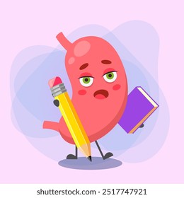 Stomach cartoon character with book and pencil vector illustration. Digestive human organ. Health care, nutrition, education concept for banner or web design