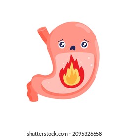 Stomach character. Ailing burning stomach. Cartoon internal organs. Gastritis and heartburn. Improper diet, acid, infection. Stock vector illustration isolated on white background.