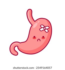 Stomach character designed in kawaii style, representing a diseased organ from the digestive system. Related to bariatrics, gastritis, and ulcers. Perfect for stickers, books, and medical brochure