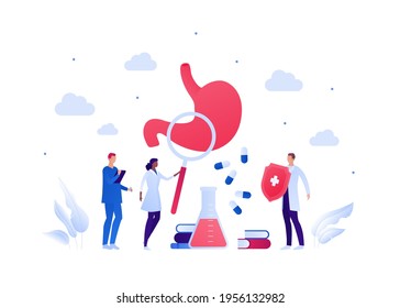 Stomach check and gastrology concept. Vector flat people illustration. Digestive system, lab equipment and shield symbol. Group of male and female doctor. Design for health care, education, science.