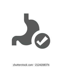 Stomach and check mark black vector icon. Healthy digestion filled symbol with ok.