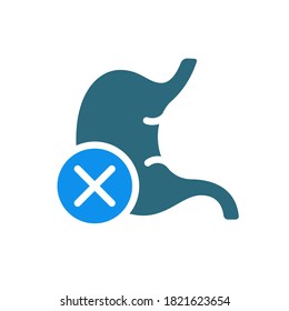Estómago con icono de color de marca cruzada. Símbolo de órgano interno dañado