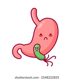 Stomach. Cute character in kawaii style. Diseased organ of the digestive system. Helicobacter pylori, gastritis, ulcer. Health problems. For sticker, books, design element. Medical brochure template.