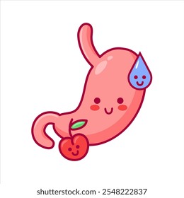 Stomach. Cute character in kawaii style. Organ of the digestive system. Healthy eating, drinking regime. Vector illustration, flat style. For sticker, books, design element. Medical brochure template.