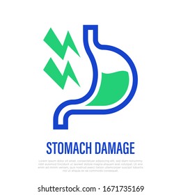 Stomach damage. Thin line icon. Gastroesophageal reflux, abdominal inflammation, consequences of alcohol abuse. Healthcare and medical vector illustration.