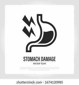 Stomach Damage. Thin Line Icon. Gastroesophageal Reflux, Abdominal Inflammation, Consequences Of Alcohol Abuse. Healthcare And Medical Vector Illustration.