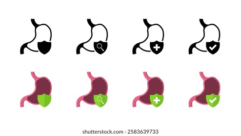 Stomach defense set icons. Flat and silhouette style. Vector icons.