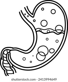 Enfermedad de Stomach para páginas colorantes. El Estómago Humano está lleno de ácido estómico. Náuseas, Aceite, Reflux Ácido. Ilustración vectorial. Anatomía y medicina