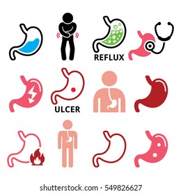 Stomach Disease- Reflux, Ulcer Vector Icons Set 