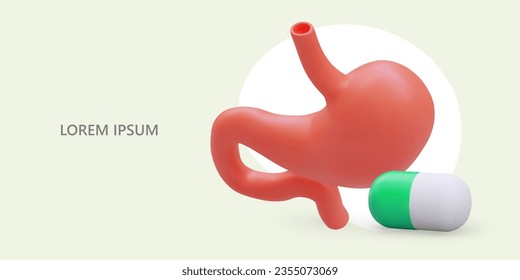 Stomach diseases. Helicobacter pylori infection. Peptic ulcer. Treatment with tablets, capsules. Poster for medical institution. Gastroenterologist advertising template