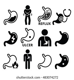 Stomach Diseases - Reflux, Ulcer Vector Icons Set 