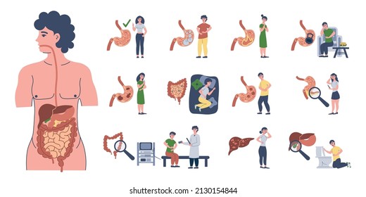 Stomach diseases set with flat isolated icons of damaged stomach with characters of patients and doctors vector illustration