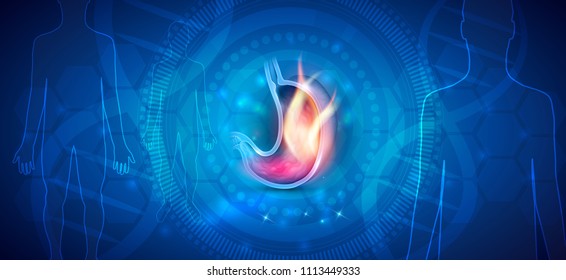 Stomach disorder abstract design, fire inside of the stomach, human silhouette