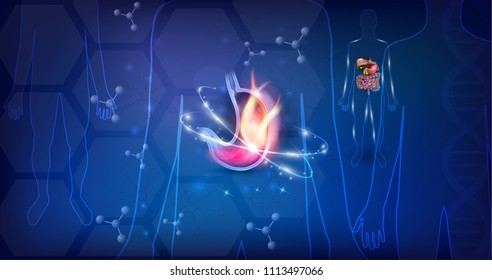 Stomach disorder abstract design, fire inside of the stomach, human silhouette