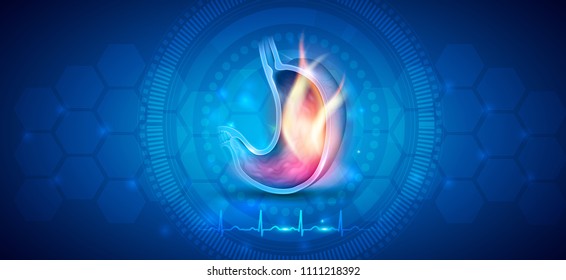 Stomach disorder abstract design, normal cardiogram below, fire inside of the stomach