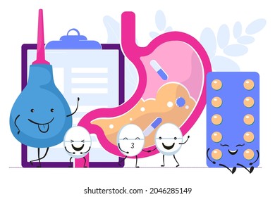Stomach drug medical treatment, cheerful character internal organ healthy lifestyle flat vector illustration, isolated on white.