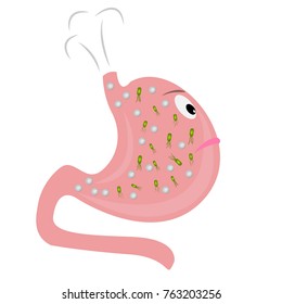 A Stomach with excess gas and Helicobacter pylori vector illustration in cartoon style