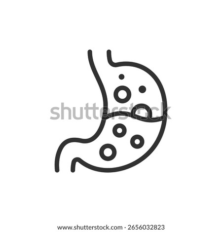 Stomach with excessive acid, linear icon. Hyperacidity, discomfort, or reflux. Line with editable stroke.