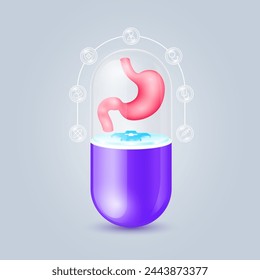 Stomach floating on cross symbols medical in transparent purple capsule pill. Doctor, syringe, shield, and stethoscope icons are the periphery. Medical organ protection and health care. Vector.