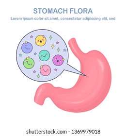 Stomach flora. Digestive system, tract with cute good bacteria, virus, microorganisms, probiotics isolated on white background. Internal human organs. Medical, biology concept. Vector flat design