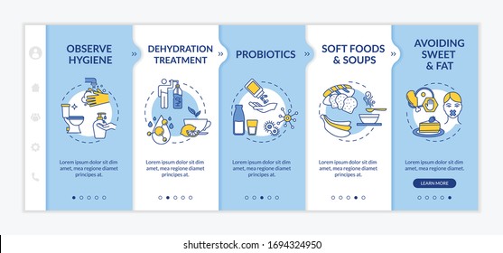 Stomach flu prevention and treatment onboarding vector template. Observe hygiene, avoid sweet and fat. Responsive mobile website with icons. Webpage walkthrough step screens. RGB color concept