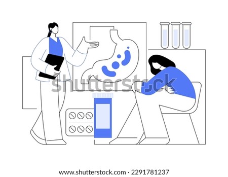Stomach flu treatment abstract concept vector illustration. Woman with abdominal pain in walk-in clinic, common complaints in medicine, family doctor, primary care physician abstract metaphor.