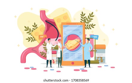 Stomach Gastroscopy, Doctors Discuss Condition. Probe with Lamp at End Lowered into Organ and Condition Watched From Inside. Image Stomach Content Displayed on Screen, Doctor Write Down Data.