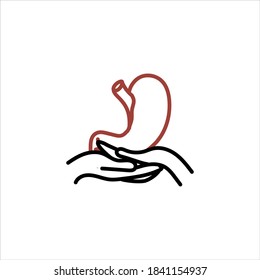 Estómago en las manos. Icono aislado. Ilustración médica de vectores.