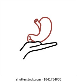 Estómago en las manos. Icono aislado. Ilustración médica de vectores.