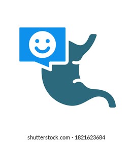 Stomach with happy face in chat bubble colored icon. Healthy gastrointestinal tract symbol