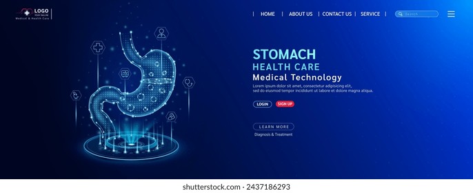 Stomach health care. Diagnose disease with technology artificial intelligence. Medical website template layout design. Banner for medical ads online social media. Science medicine business. Vector.