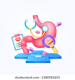 Stomach health care with doctor. Document form board and stethoscope, pills with check mark in magnifying glass looking diagnosis floating on cross medical symbols. 3d cartoon icon organ vector.