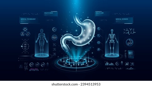 Stomach health care technology with scan virtual interface hologram style. X ray and MRT human body examination. Medical diagnostic with HUD, UI, GUI. Analysis in futuristic laboratory. Vector EPS10.