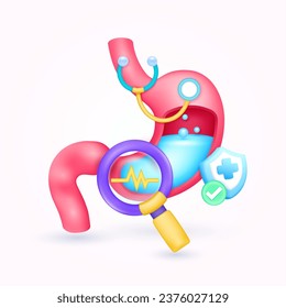 Stomach health check up with doctor. Heart pulse in magnifying glass looking stomach diagnosis and shield symbol cross, check mark button. Medical health care. 3d icon organ anatomy cartoon vector.