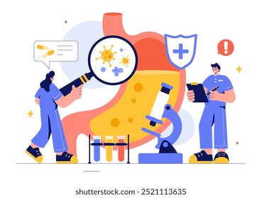 Saúde do estômago Gastroenterologia Vetor Ilustração Apresentando Dor Abdominal e Pesquisa Médica para a Saúde em um Plano de Fundo de Desenho Animado Estilo Plano