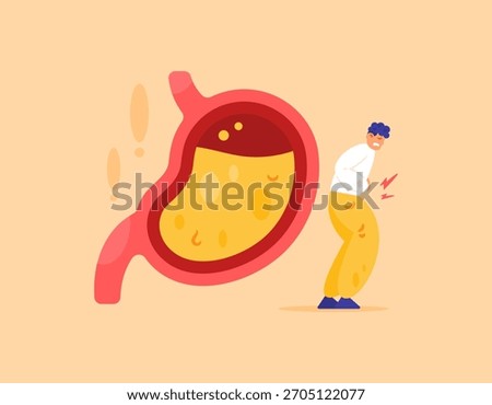 Stomach health problem concept. Acid reflux, ulcers, GERD, or Gastroesophageal Reflux Disease. Illustration of a man experiencing heartburn and a burning sensation. Flat design style. Orange
