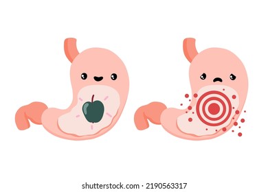 Stomach. Healthy and ailing stomach. Cartoon internal organs. Gastritis and heartburn inflammation. Improper diet, acid, infection. Stock vector illustration isolated on white background.