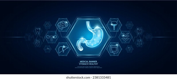 Stomach healthy. Human organs icon symbols. Medical science banner design template. Health care medical check up too innovative futuristic digital technology. Examining organ and heart pulse. Vector.