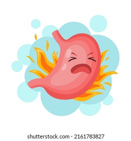 Stomach Heartburn. Acid Burn, High Acidity And Indigestion. Cute Human Internal Organ Ill, Belly In Fire. Gastritis Pain, Abdomen Symptoms Neoteric Vector Illustration