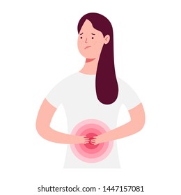 Dibujo médico vectorial Stomach hernia con personaje de mujer aislado en fondo blanco.