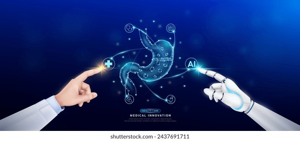 Stomach human in atom. Doctor and robot finger touching icon AI cross symbol. Health care too artificial intelligence cyborg or technology innovation science medical futuristic. Banner vector EPS10.