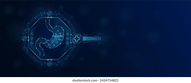 Stomach human chip in electronic circuit board microchip processor technology medical. Innovative health care information processing of digital hi tech future. Empty space for text. Banner vector.