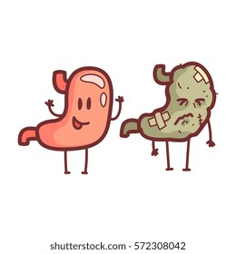 Stomach Human Internal Organ Healthy Vs Unhealthy, Medical Anatomic Funny Cartoon Character Pair In Comparison Happy Against Sick And Damaged