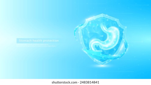 Stomach human organ anatomy style polygonal in shield glowing surrounded by blue arrows. Medical science protection symbol. Health care concept. Banner vector EPS10.