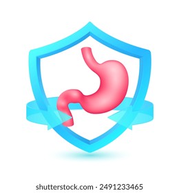 Stomach human in shield surrounded by blue arrow. Protection symbol health care. Medical science concept. Organ model cartoon style 3d isolated on white background. Vector EPS 10.