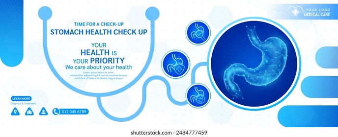 Stomach human in stethoscope frame. Medical health care check up. Magnifying glass examining organ icon. Template design background banner for medical ads social media editable. Vector.