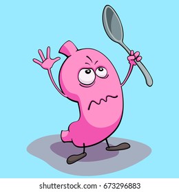 The stomach is hungry, pink, with a spoon in the cartoon style.