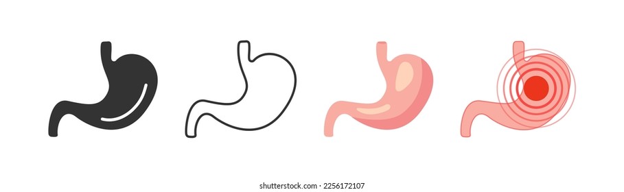 Stomach icon on light background. Stomach ache, healthcare symbol.  Anatomy, healthy digestion sign. Outline, flat, and colored style. Flat design.