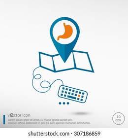 Stomach icon and pin on the map. Line icons for application development, creative process. 