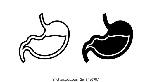 Ícone estomacal definido. Uma ilustração minimalista simples de um estômago humano em ambos os contornos e estilos sólidos. Adequado para projetos médicos, educacionais e relacionados à saúde.
